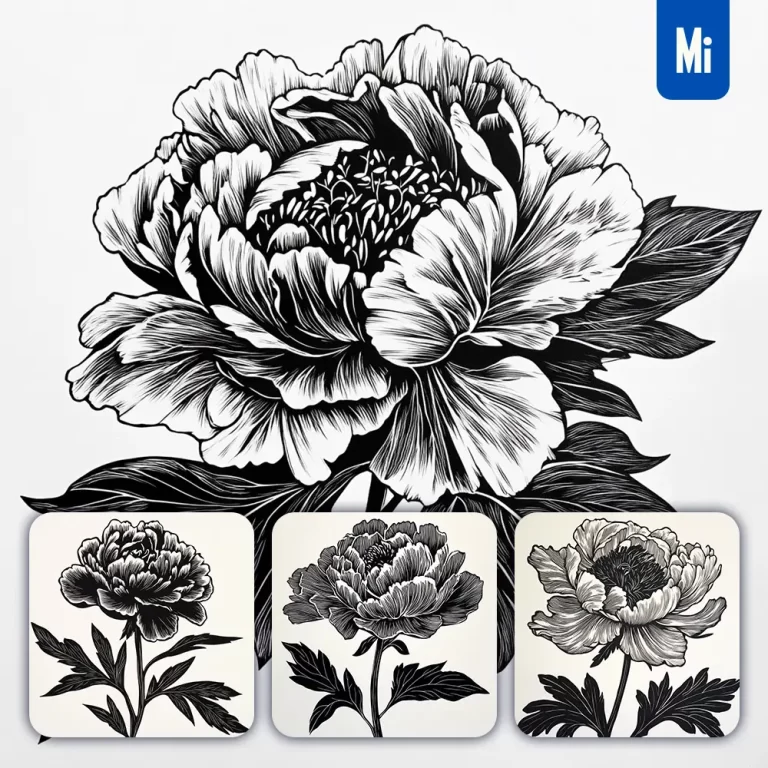 midjourney prompt peony flower woodcut print black and white illustration