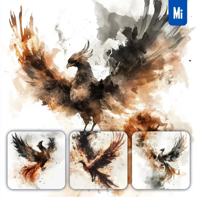 midjourney prompt phoenix illustration ink painting watercolor smoke cloud