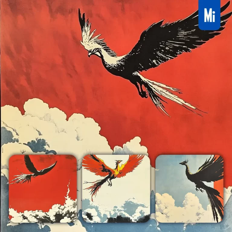 midjourney prompt phoenix red sky Chinese cloud woodcut print woodblock