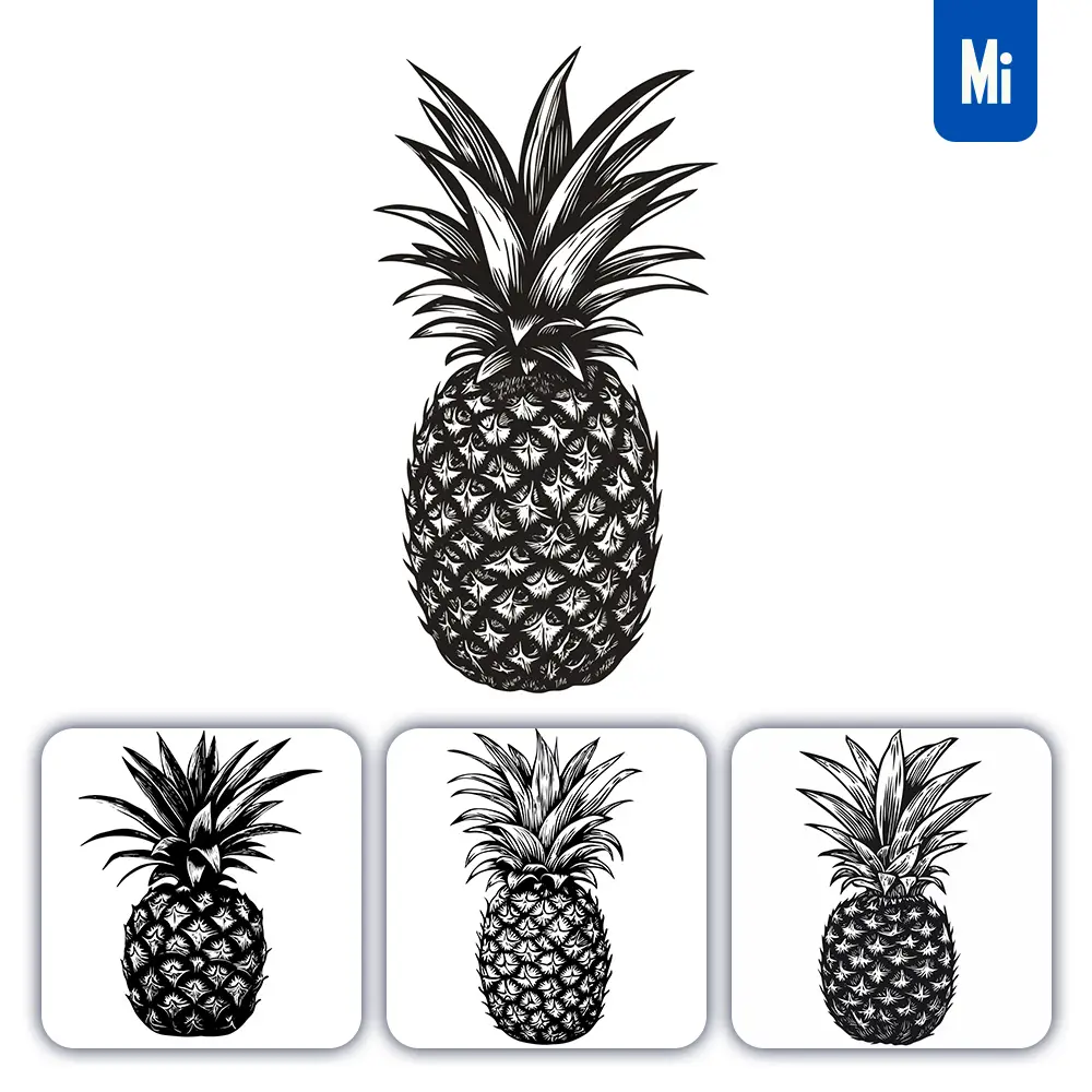 midjourney prompt pineapple woodcut print black and white illustration