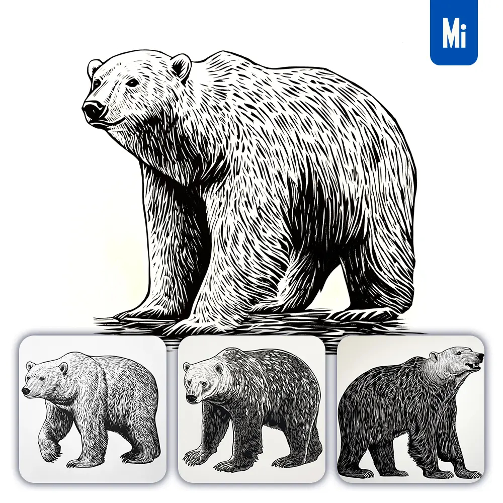 midjourney prompt polar bear animal woodcut print black and white illustration