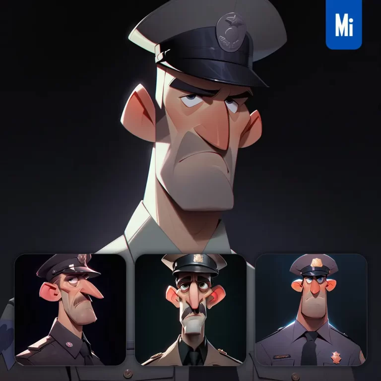 midjourney prompt policeman man male quirky brooding character design animation cartoon