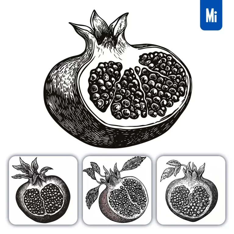 midjourney prompt pomegranate woodcut print black and white illustration