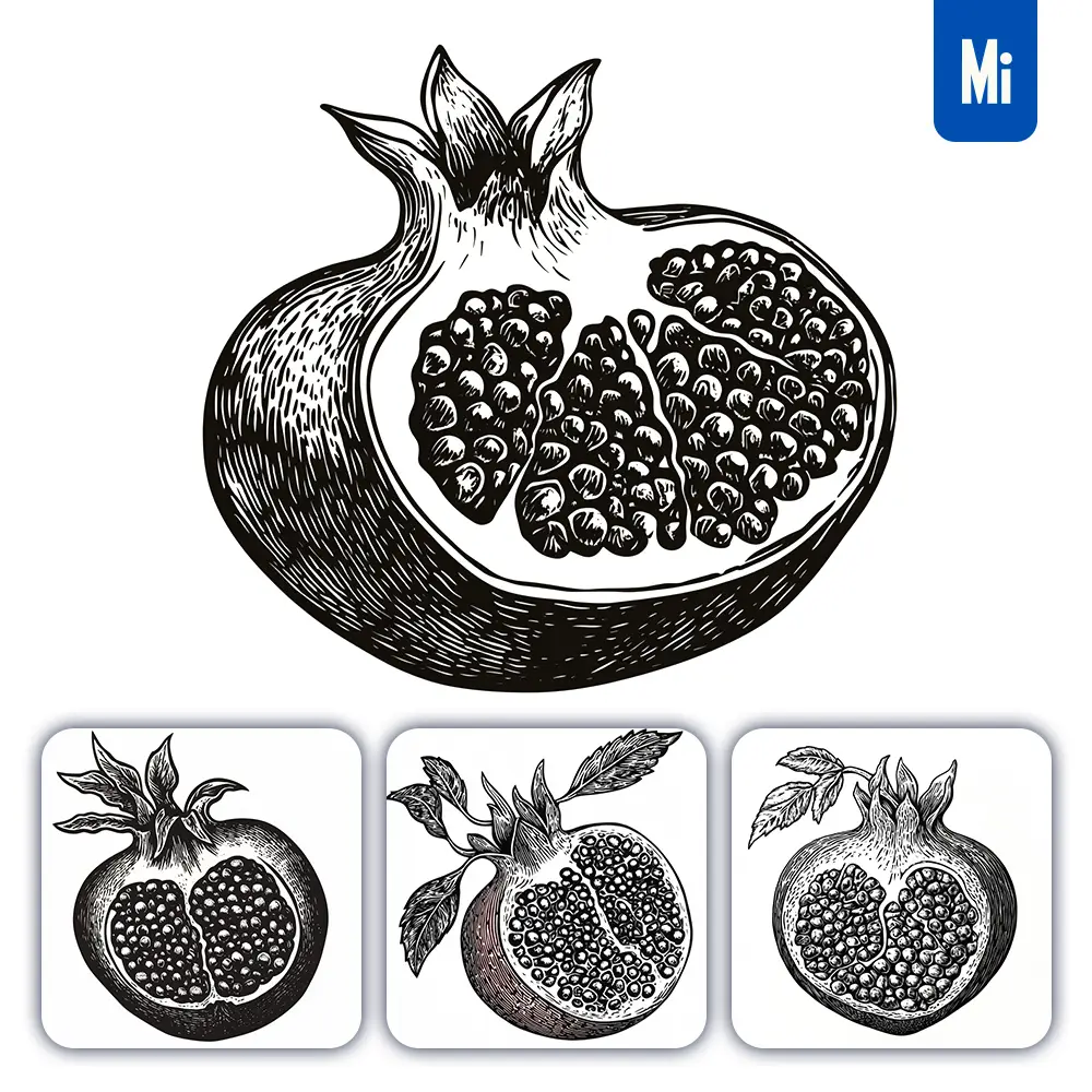 midjourney prompt pomegranate woodcut print black and white illustration