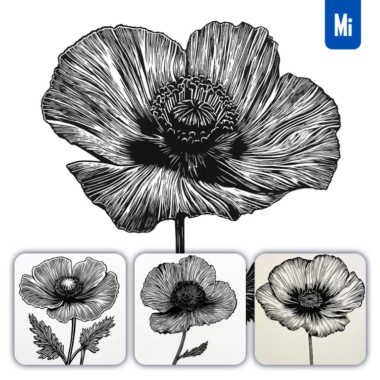 midjourney prompt poppy flower woodcut print black and white illustration