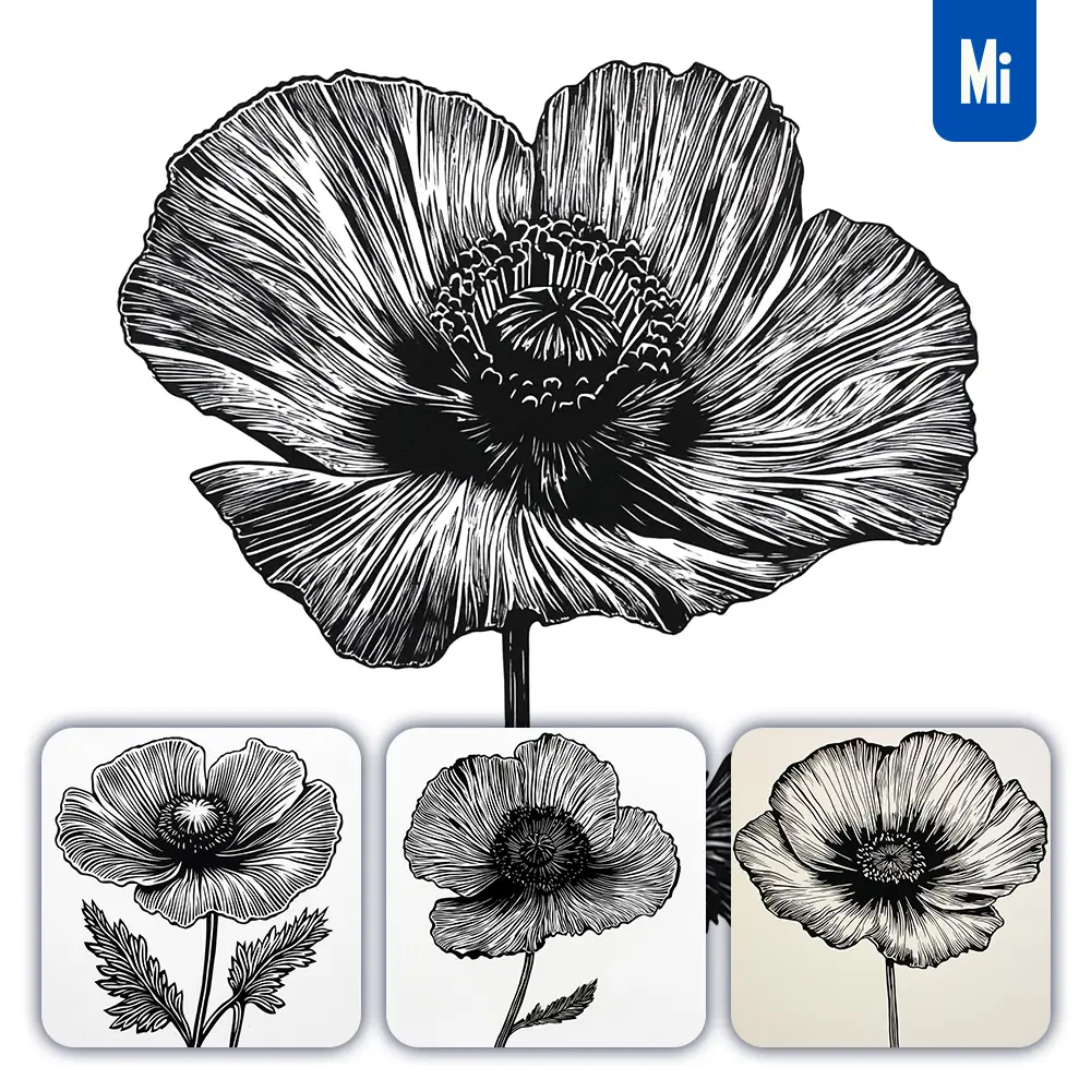 midjourney prompt poppy flower woodcut print black and white illustration