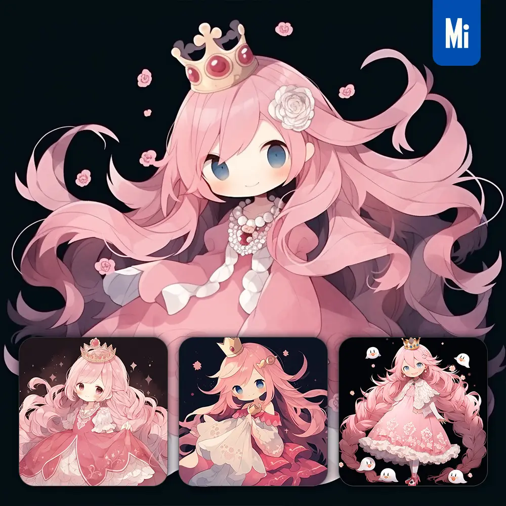 midjourney prompt princess girl pink lovely queen crown dress 3D cute doll cartoon animation