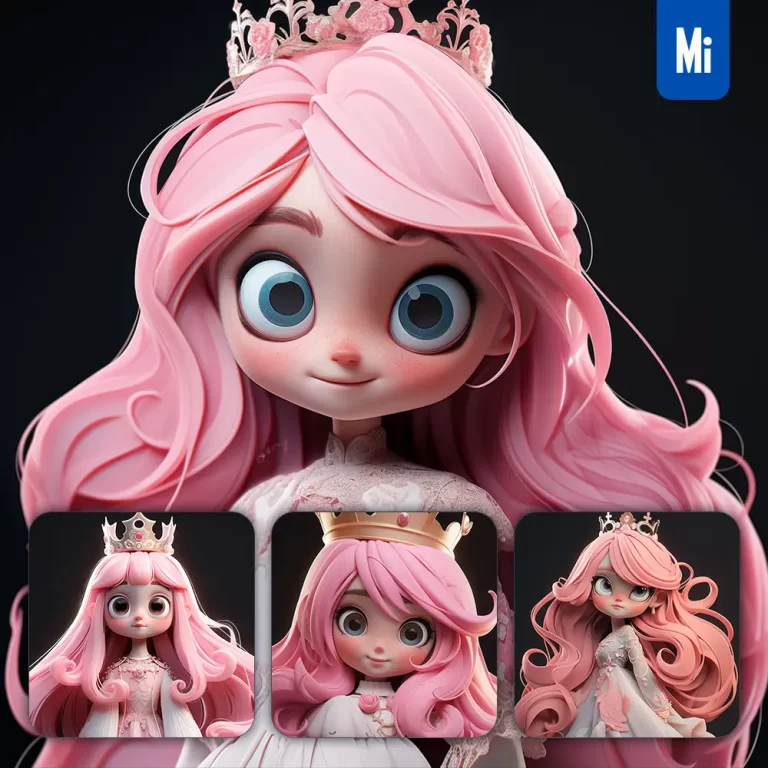 midjourney prompt princess pink lovely queen crown dress 3D cute doll cartoon blind box