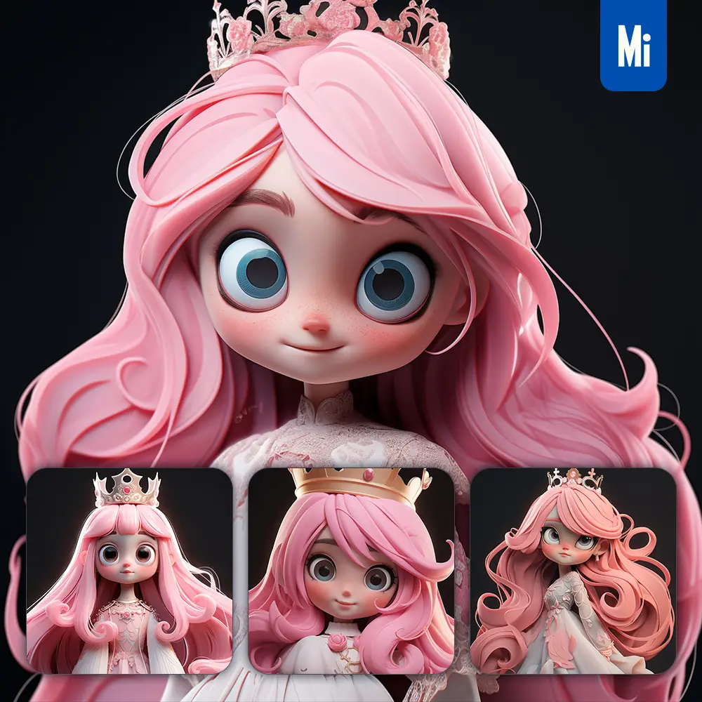midjourney prompt princess pink lovely queen crown dress 3D cute doll cartoon blind box