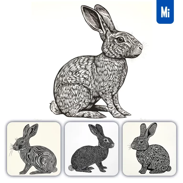midjourney prompt rabbit animal woodcut print black and white illustration