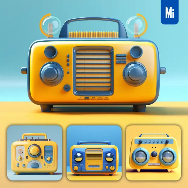 midjourney prompt radio blue yellow retro industrial product functional design 3D rendering photography