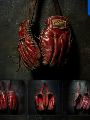 Midjourney Prompt Red Baseball Gloves Cowhide Wall Dark Background Sport Photography