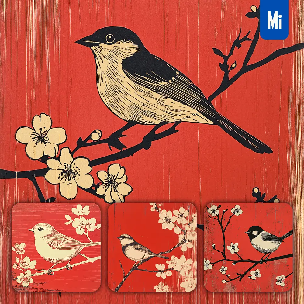 midjourney prompt red bird branch woodcut woodblock print painting