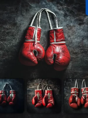 Midjourney Prompt Red Boxing Gloves Wall Dark Background Sport Photography