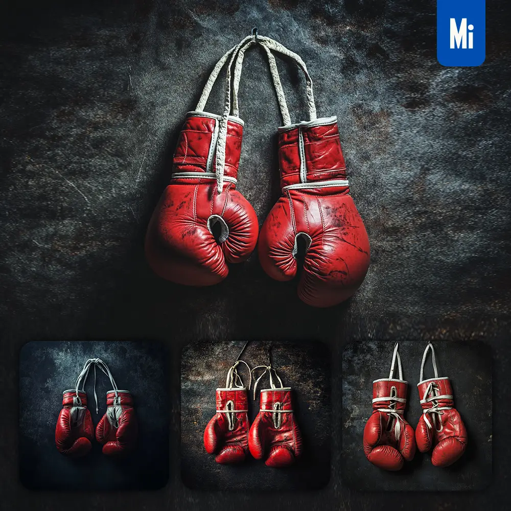 Midjourney Prompt Red Boxing Gloves Wall Dark Background Sport Photography