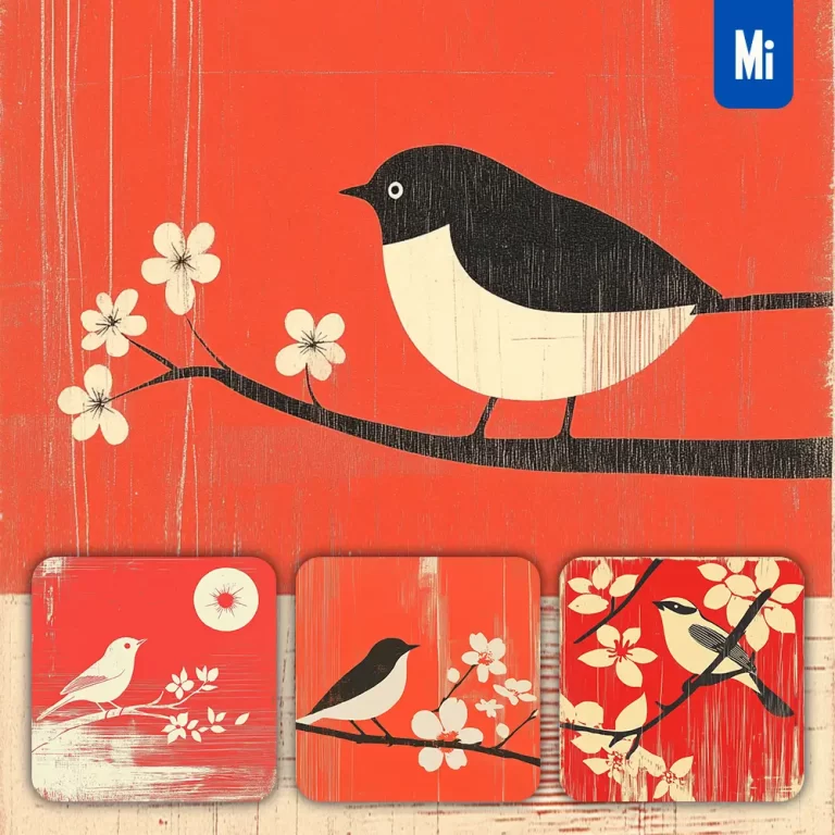 midjourney prompt red cute bird graphic vector branch woodcut woodblock print painting