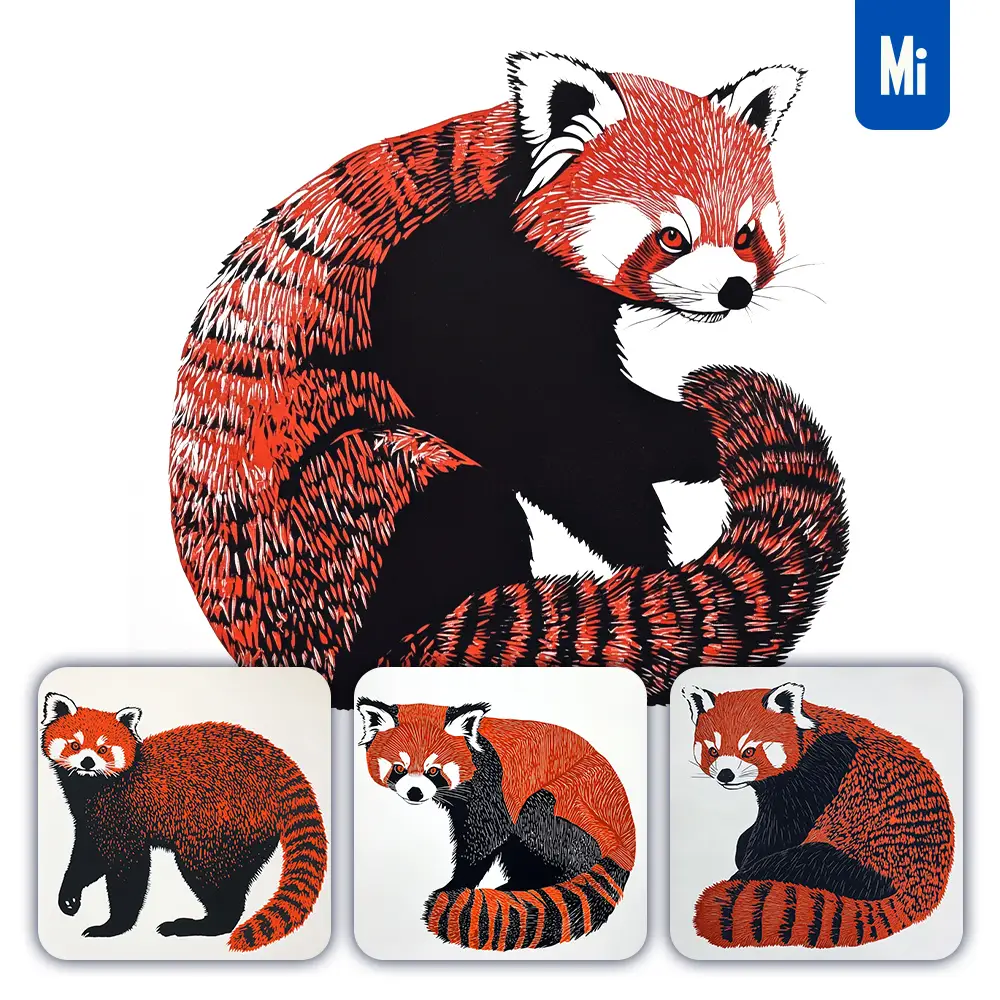 midjourney prompt red panda animal woodcut print black and white illustration