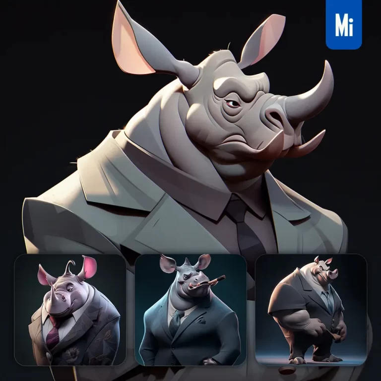 midjourney prompt rhinoceros boss man suit quirky brooding character design animation cartoon