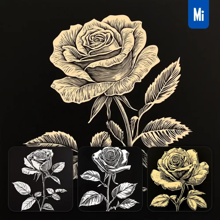 midjourney prompt rose flower black and white woodcut print ink painting illustration