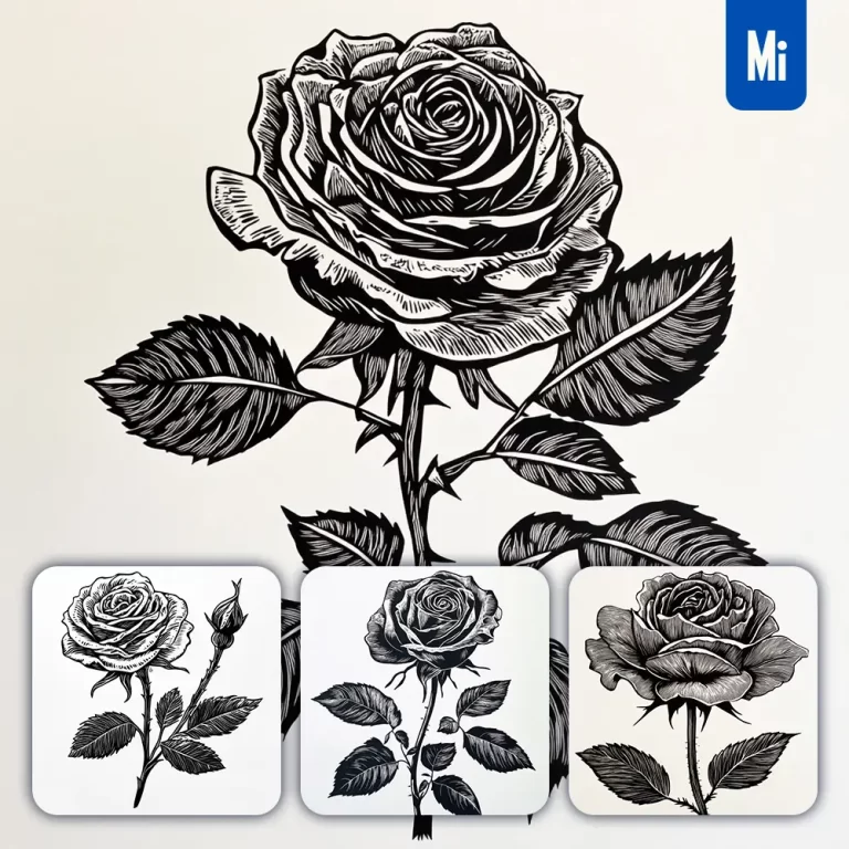 midjourney prompt rose flower woodcut print black and white illustration