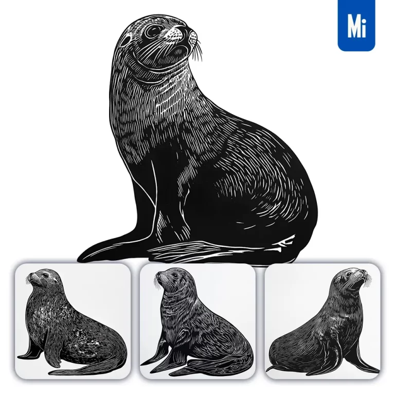 midjourney prompt sea lion animal woodcut print black and white illustration