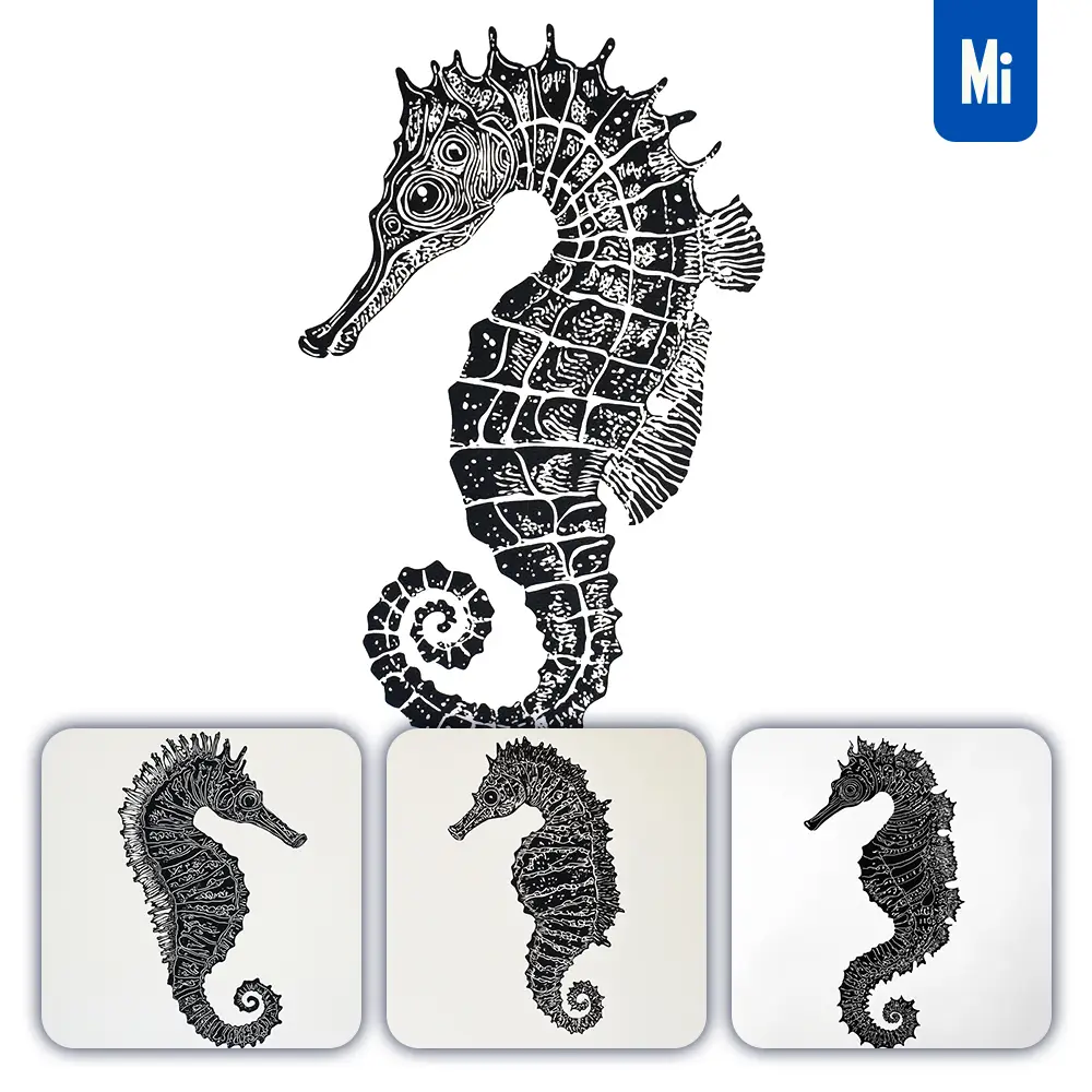 Midjourney Prompt Seahorse Woodcut Print Black And White Illustration