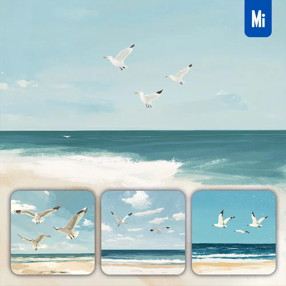 Midjourney Prompt Seaside Sea Ocean Wave Seagull Sky White Beach Fly Art Painting Illustration