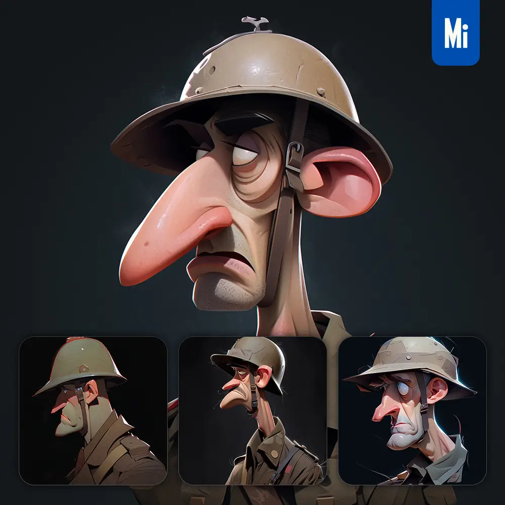 midjourney prompt soldier man male quirky brooding character design animation cartoon