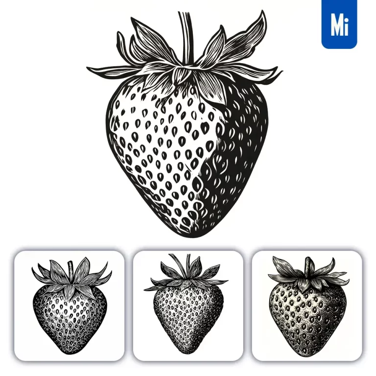 midjourney prompt strawberry woodcut print black and white illustration
