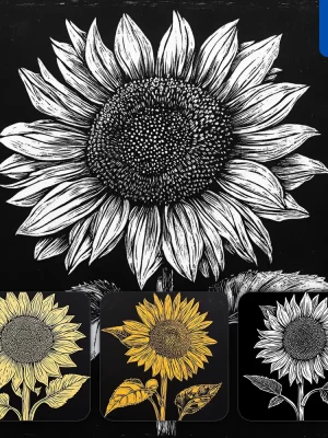 Midjourney Prompt Sunflower Flower Black And White Woodcut Print Ink Painting Illustration