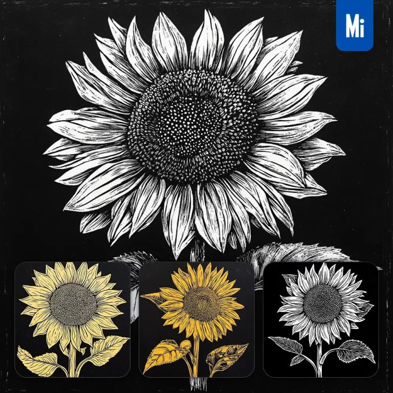 midjourney prompt sunflower flower black and white woodcut print ink painting illustration
