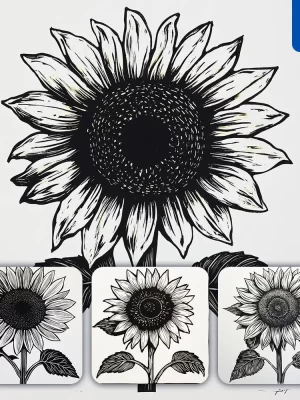 Midjourney Prompt Sunflower Flower Woodcut Print Black And White Illustration