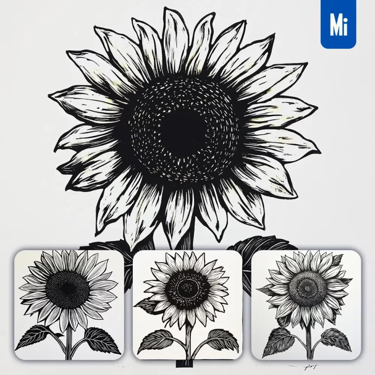 midjourney prompt sunflower flower woodcut print black and white illustration
