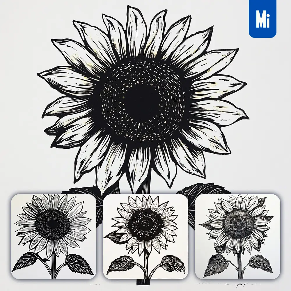midjourney prompt sunflower flower woodcut print black and white illustration