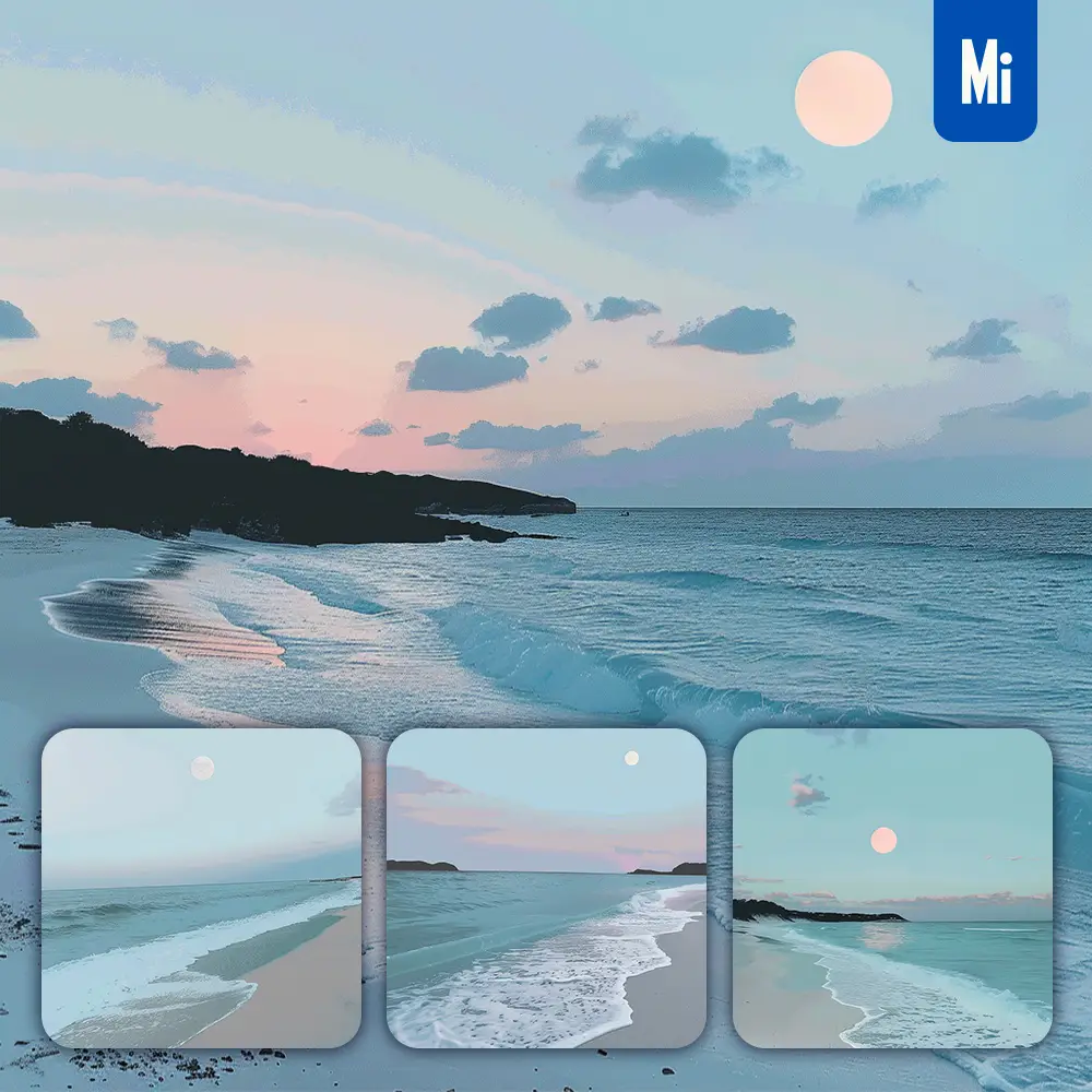 midjourney prompt sunset blue sun hazy fog beach evening sea photography