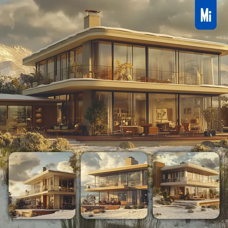 midjourney prompt sunshine house home villa snow hill modern photography