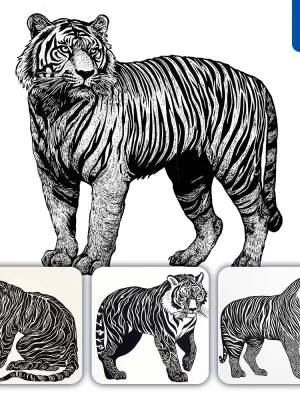 Midjourney Prompt Tiger Animal Woodcut Print Black And White Illustration