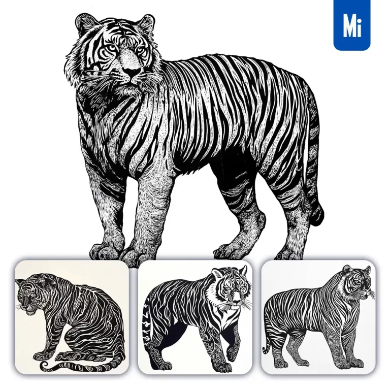 midjourney prompt tiger animal woodcut print black and white illustration