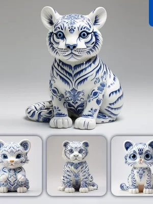 Midjourney Prompt Tiger Cute Porcelain Pattern Art Animal 3d Artwork