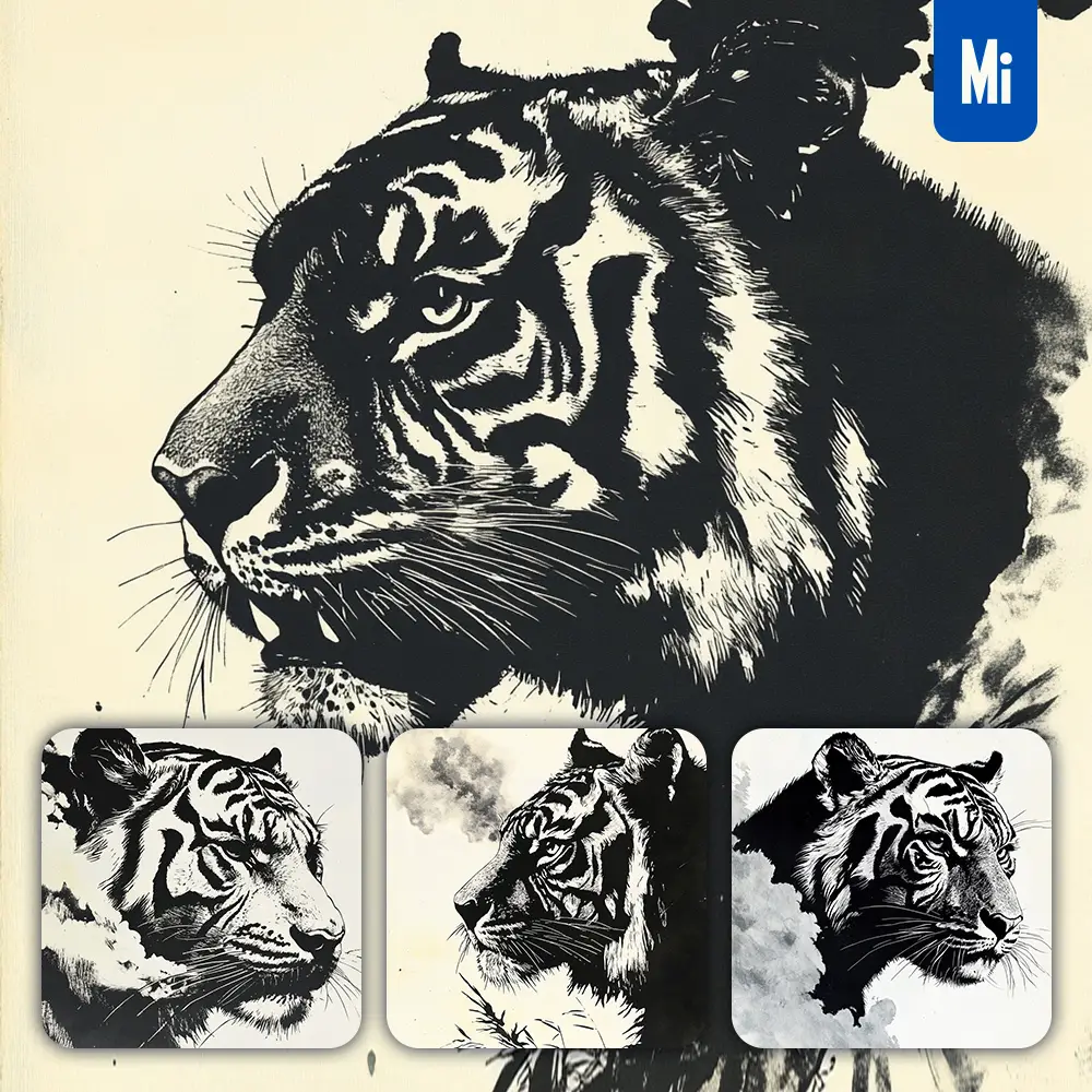 midjourney prompt tiger head black and white woodcut print woodblock