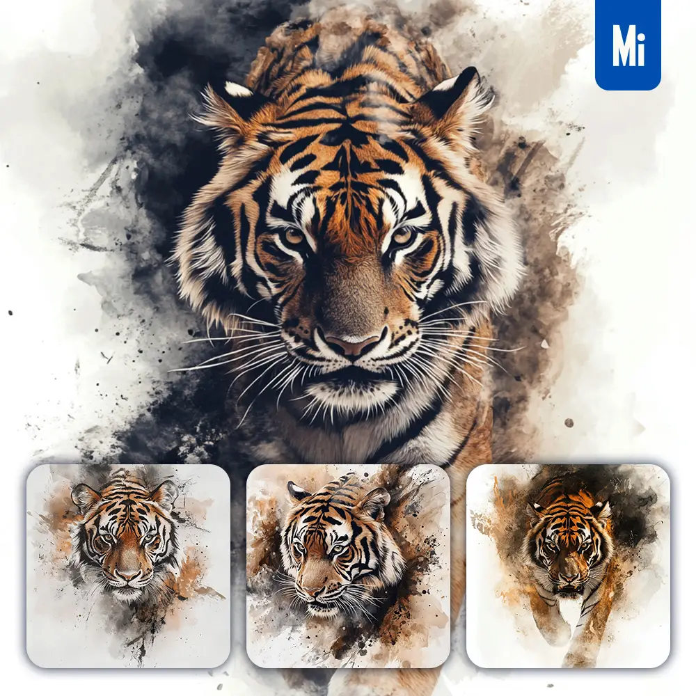 midjourney prompt tiger illustration ink painting watercolor smoke cloud