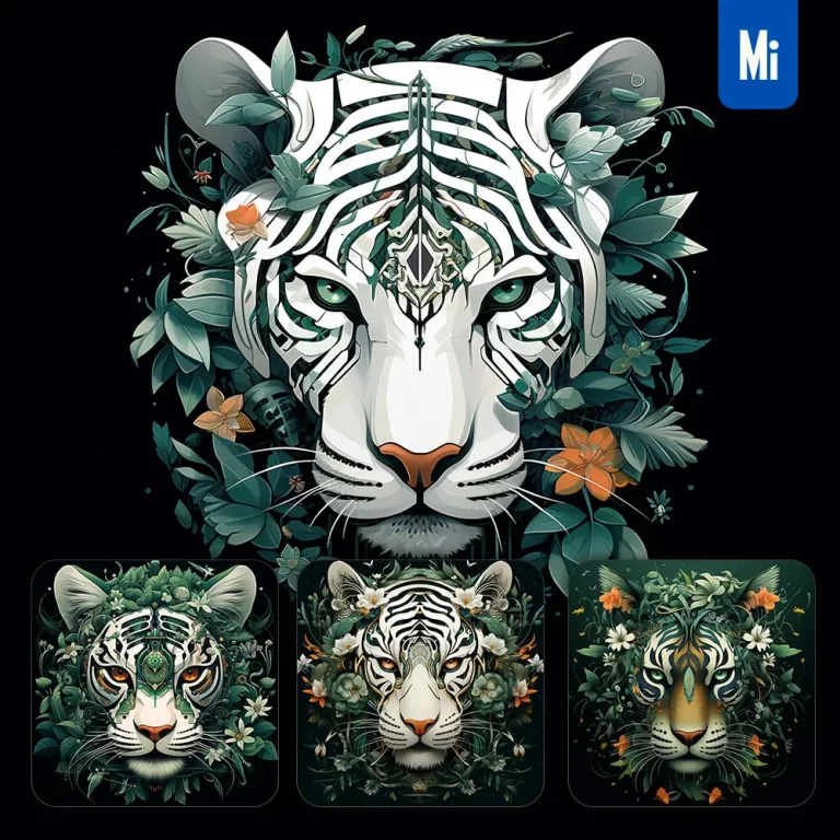 midjourney prompt tiger white green head leaves portrait painting illustration
