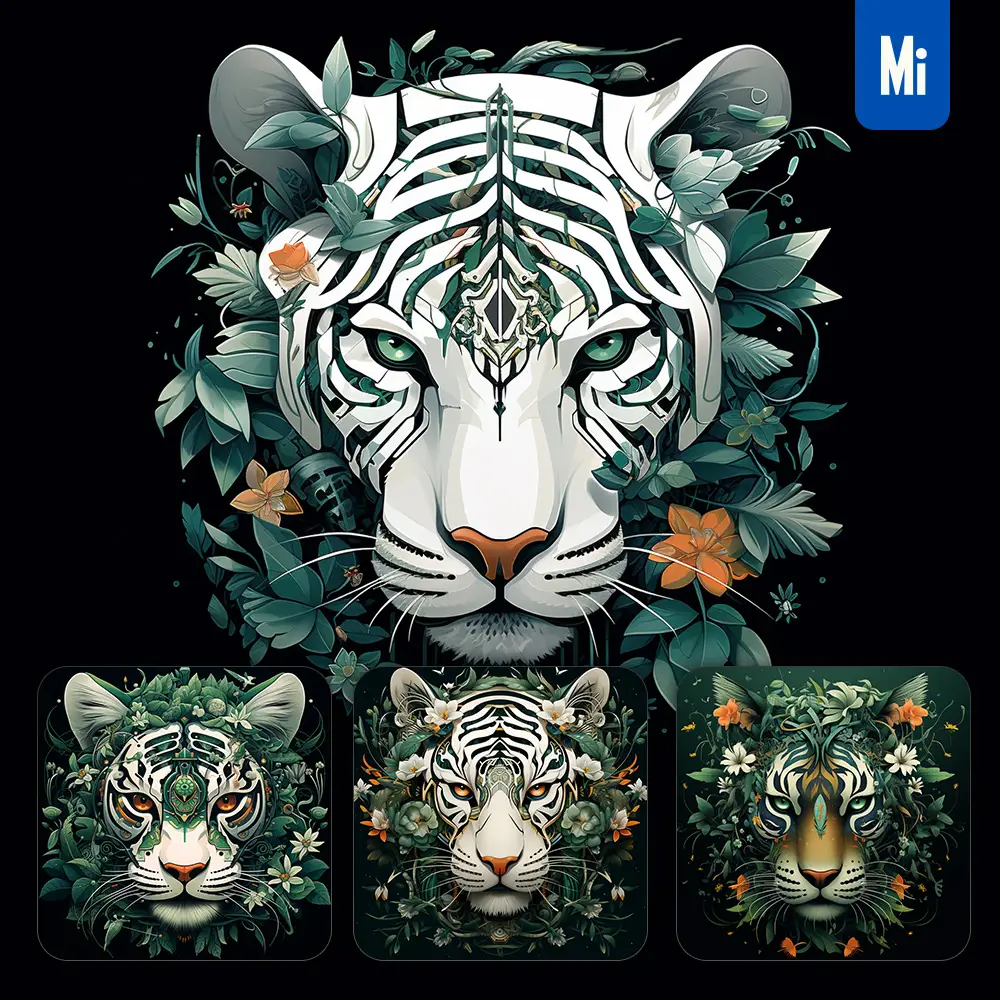 Midjourney Prompt Tiger White Green Head Leaves Portrait Painting Illustration