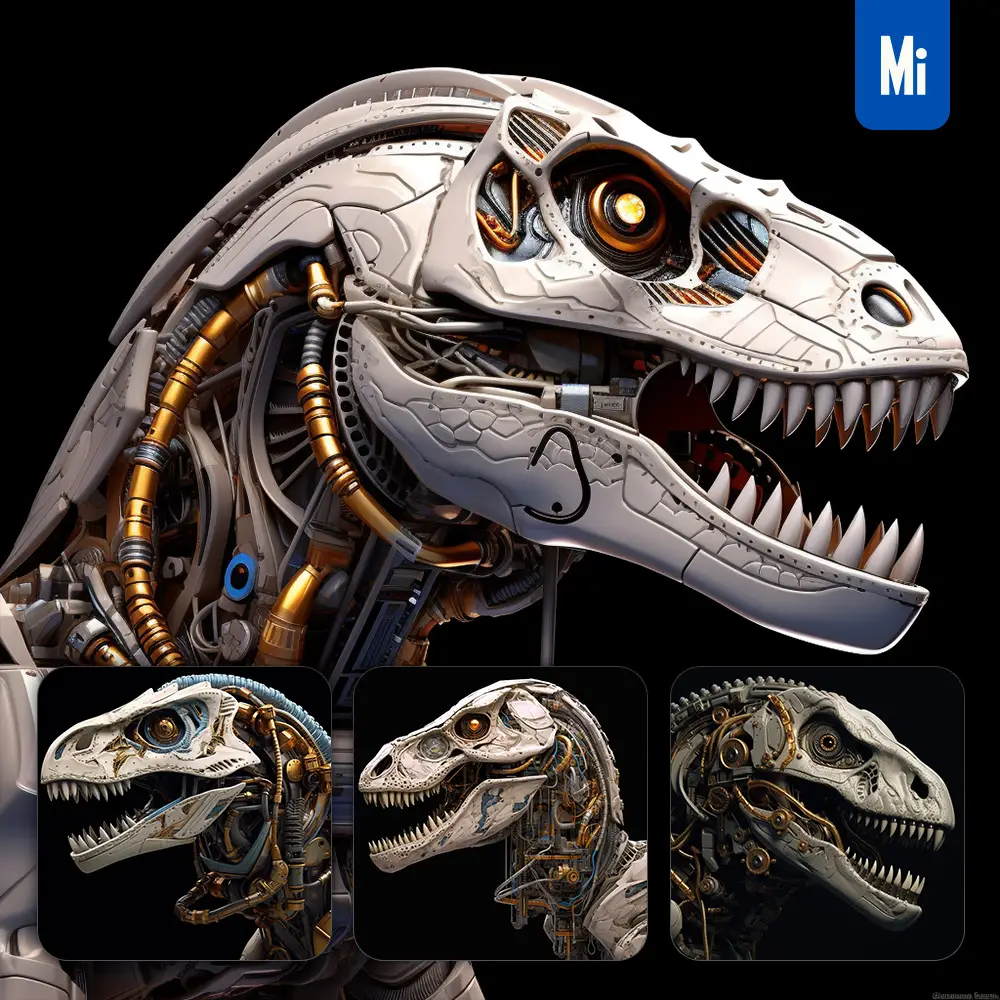 midjourney prompt tyrannosaurus dinosaur head face robotic artificial intelligence 3D mechanical