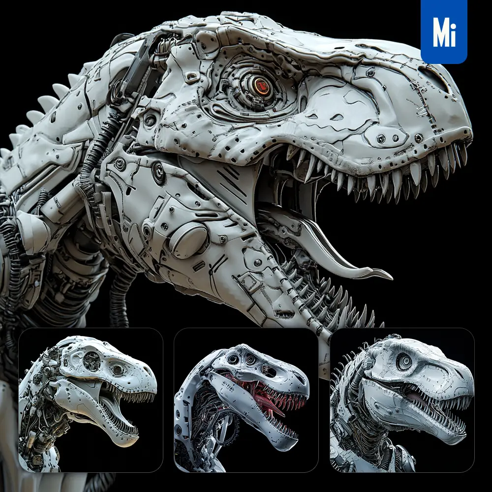 midjourney prompt tyrannosaurus dinosaur head face robotic artificial intelligence mechanical
