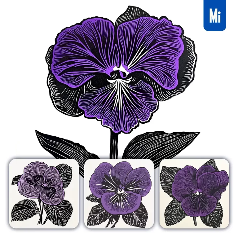 midjourney prompt violet flower woodcut print black and white illustration