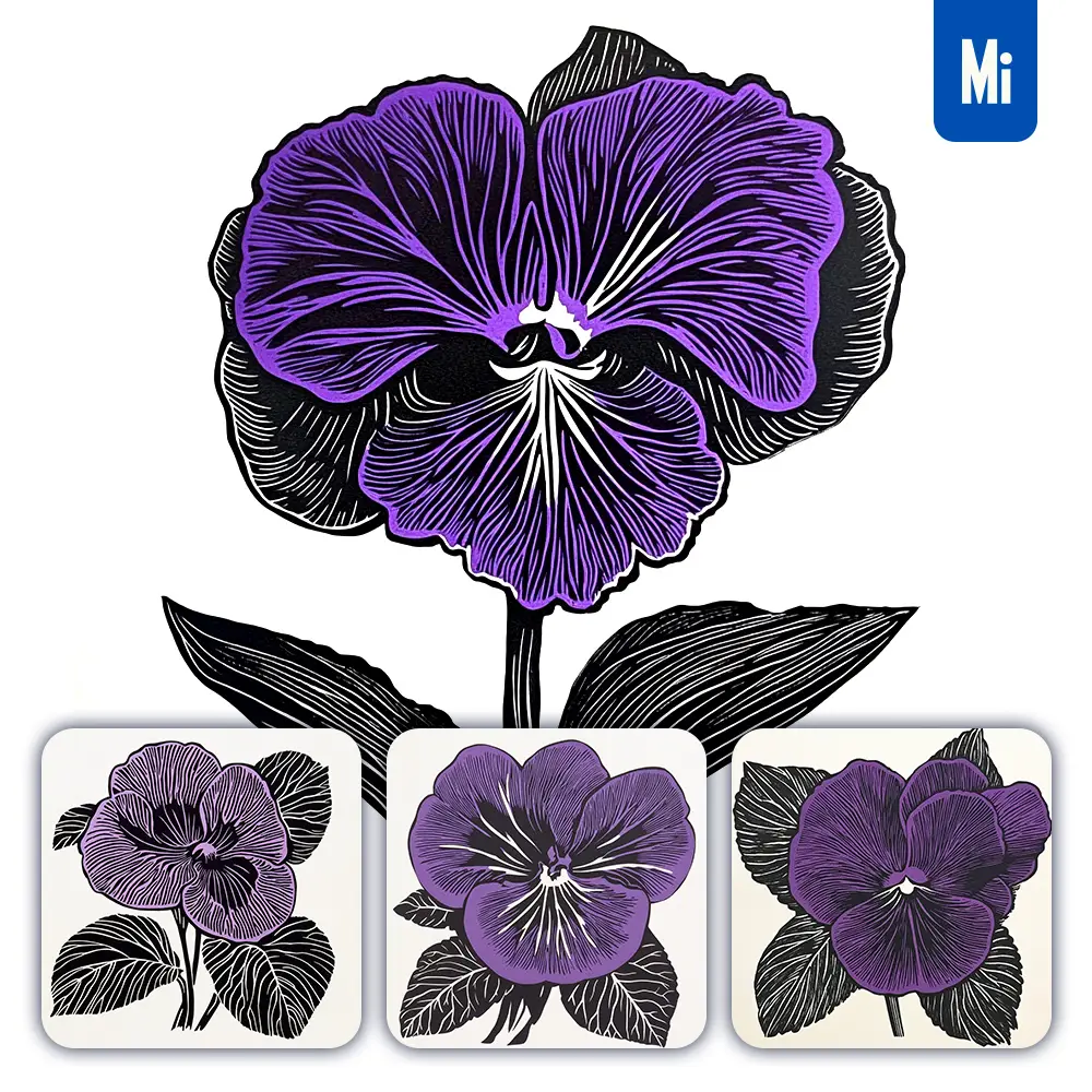 midjourney prompt violet flower woodcut print black and white illustration