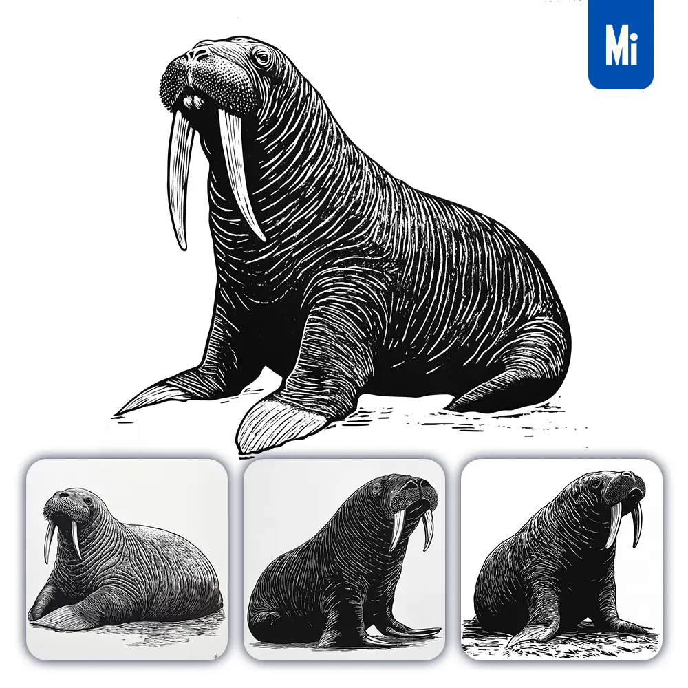 Midjourney Prompt Walrus Animal Woodcut Print Black And White Illustration