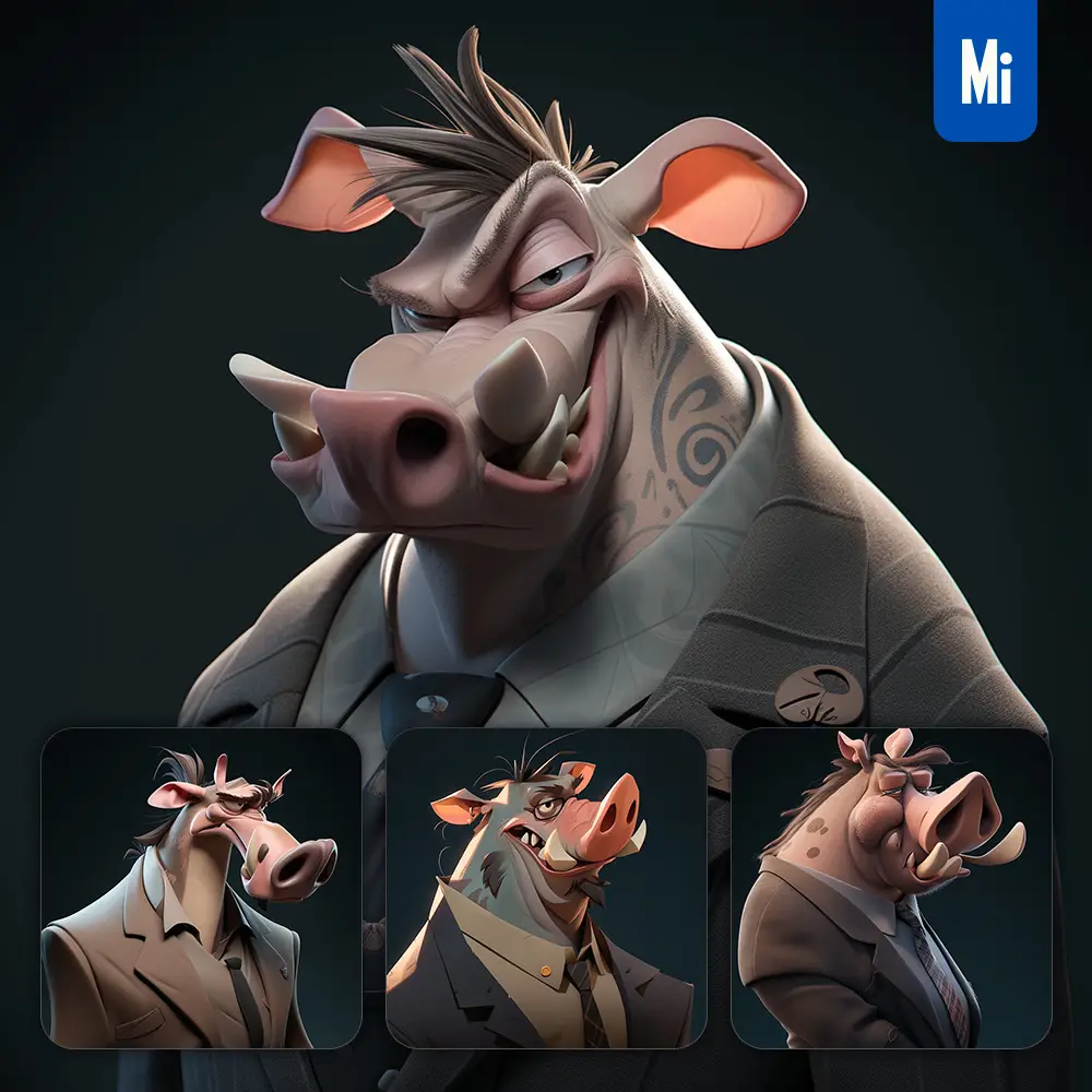 midjourney prompt warthog boss man suit quirky brooding character design animation cartoon