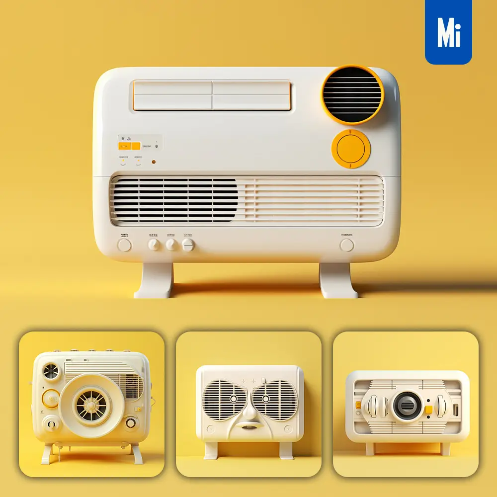 midjourney prompt white air conditioner yellow retro industrial product functional design 3D rendering photography